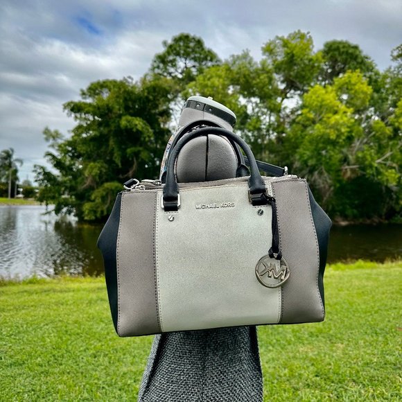 MICHAEL Michael Kors Sutton Stripe Convertible Medium Saffiano Leather Satchel - Picture 1 of 16